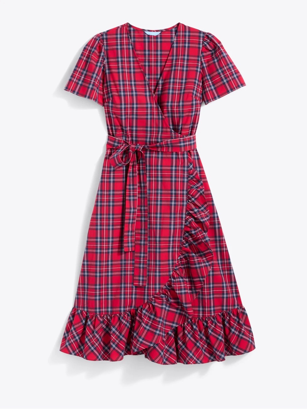 Draper James Red Plaid Wrap Dress with Ruffle Trim